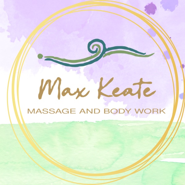 Max Keate Massage and Body Work logo inside gold rings over lavender and mint watercolor